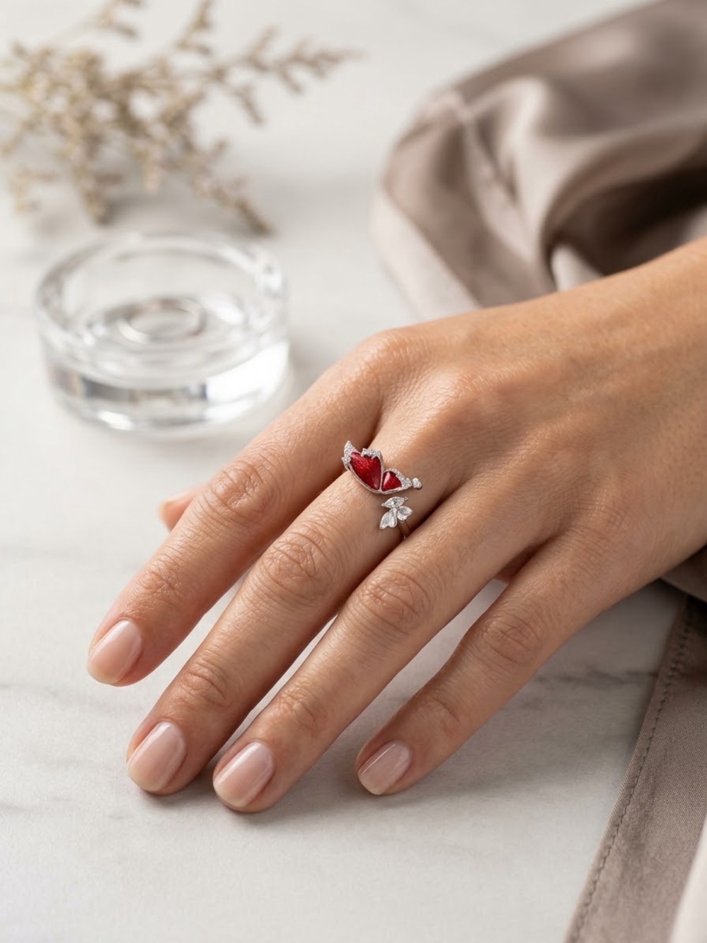 2393-57 Sterling Silver S925 Red Butterfly Open Cuff Ring | Cubic Zirconia